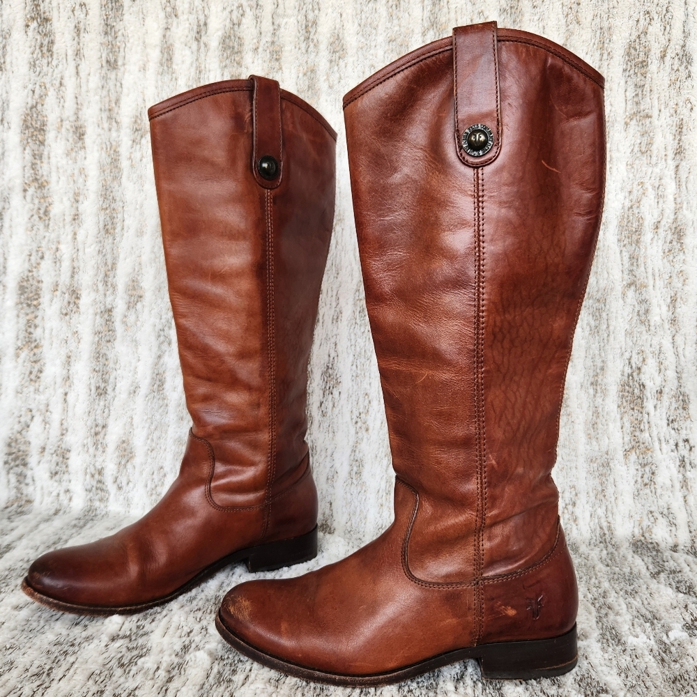 Frye "Melissa Button" Tall Riding Boots Cognac Brown Leather | Women's Size 5.5B - Picture 2 of 15